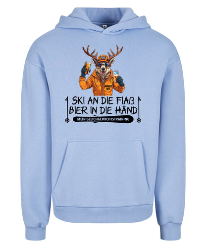 Apres Ski Gleichgewicht Hoodie in Powder Blue – Vorderansicht mit dem Motiv Apres Ski Gleichgewicht.