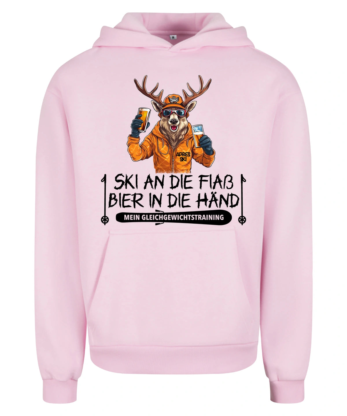 Apres Ski Gleichgewicht Hoodie in Soft Pink – Vorderansicht mit dem Motiv Apres Ski Gleichgewicht.