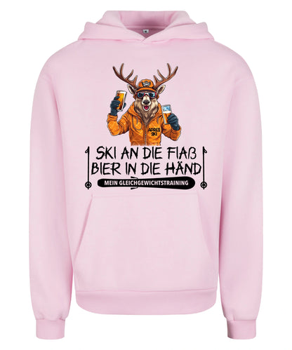Apres Ski Gleichgewicht Hoodie in Soft Pink – Vorderansicht mit dem Motiv Apres Ski Gleichgewicht.