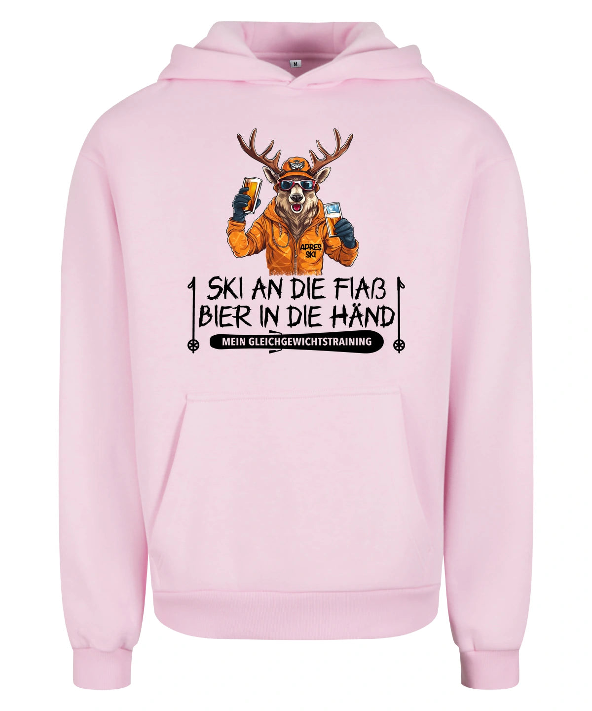 Apres Ski Gleichgewicht Hoodie in Soft Pink – Vorderansicht mit dem Motiv Apres Ski Gleichgewicht.