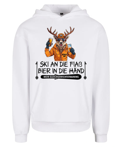 Apres Ski Gleichgewicht Hoodie in White – Vorderansicht mit dem Motiv Apres Ski Gleichgewicht.