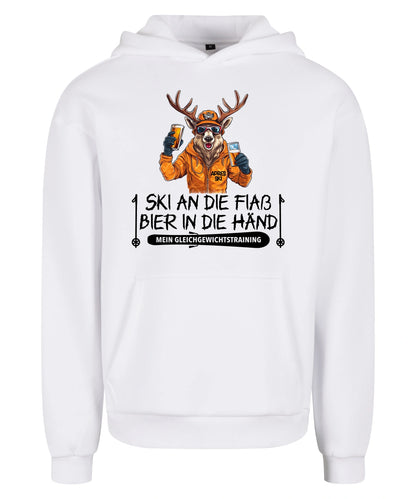 Apres Ski Gleichgewicht Hoodie in White – Vorderansicht mit dem Motiv Apres Ski Gleichgewicht.