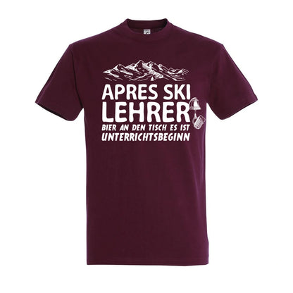 Apres Ski Lehrer T-Shirt Unisex in Burgundy – Vorderansicht mit dem Motiv Apres Ski Lehrer.