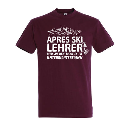 Apres Ski Lehrer T-Shirt Unisex in Burgundy – Vorderansicht mit dem Motiv Apres Ski Lehrer.