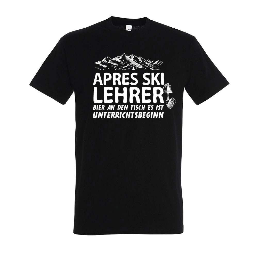 Apres Ski Lehrer T-Shirt Unisex in Deep Black – Vorderansicht mit dem Motiv Apres Ski Lehrer.