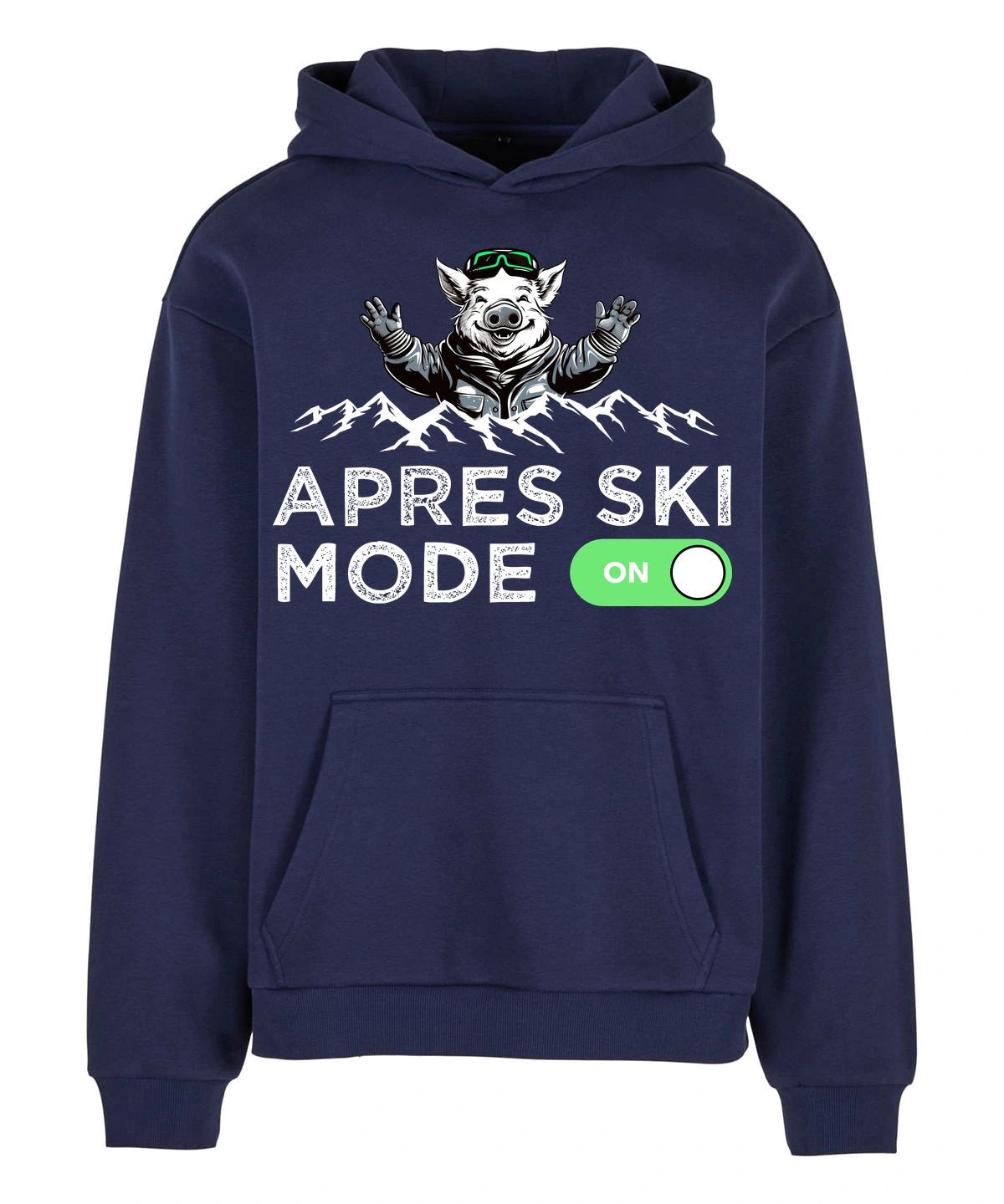 Après Ski Mode Hoodie in Navy – Vorderansicht mit dem Motiv Après Ski Mode.