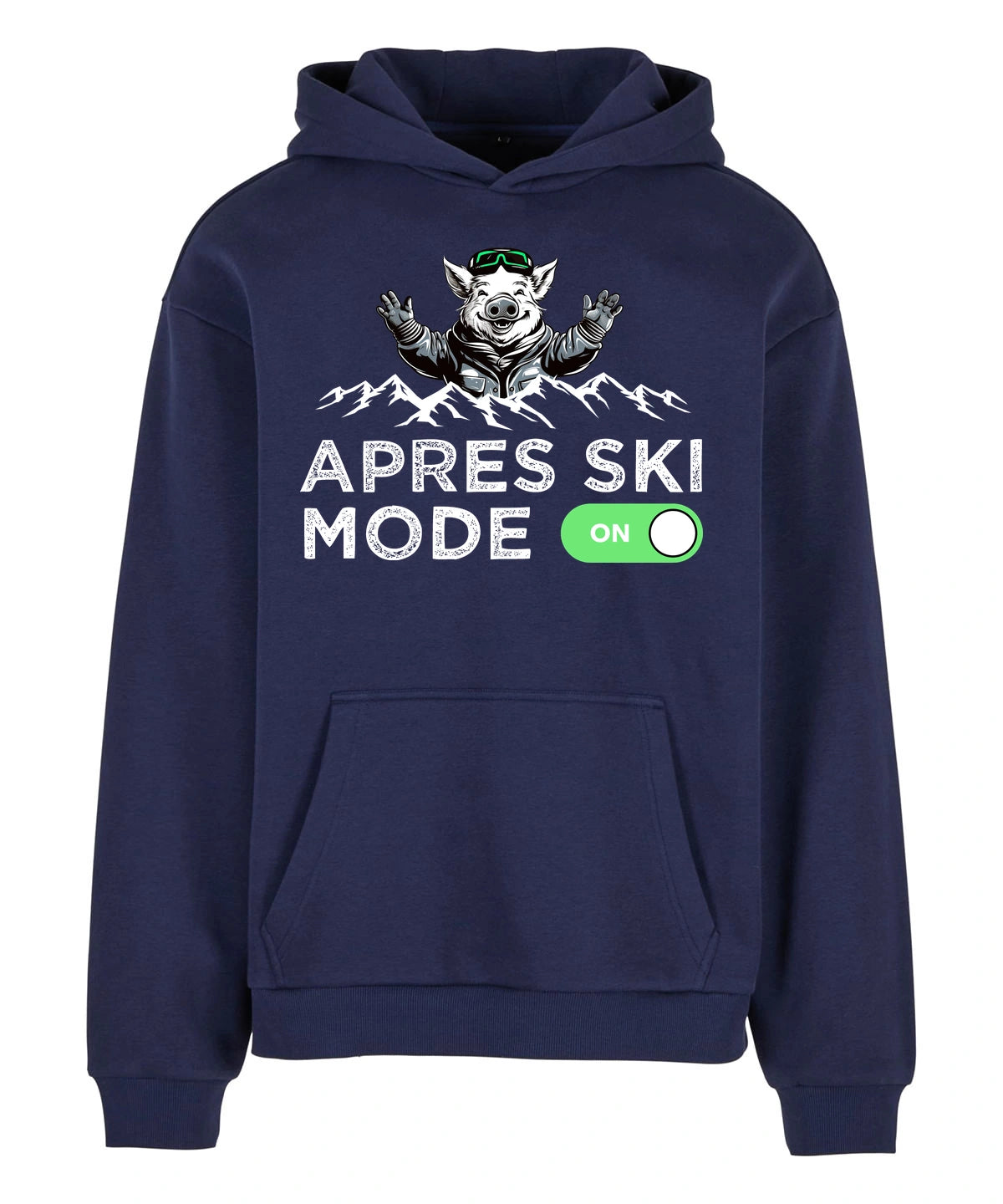 Après Ski Mode Hoodie in Navy – Vorderansicht mit dem Motiv Après Ski Mode.