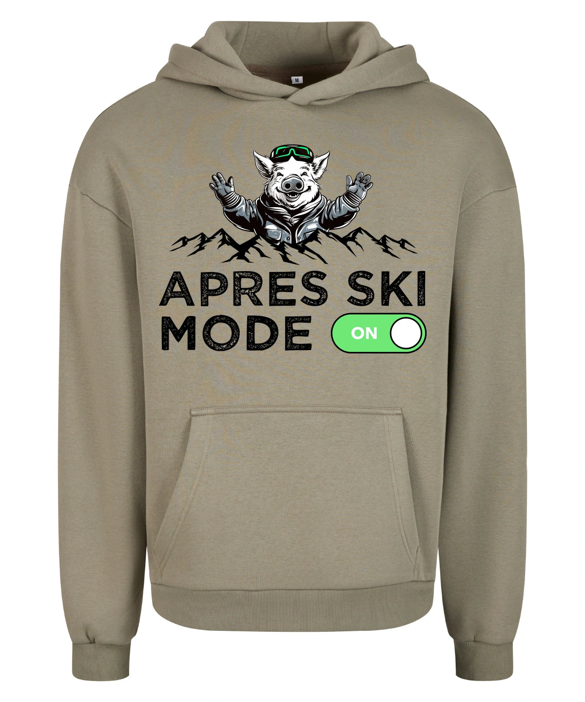 Après Ski Mode Hoodie in Pale Olive – Vorderansicht mit dem Motiv Après Ski Mode.
