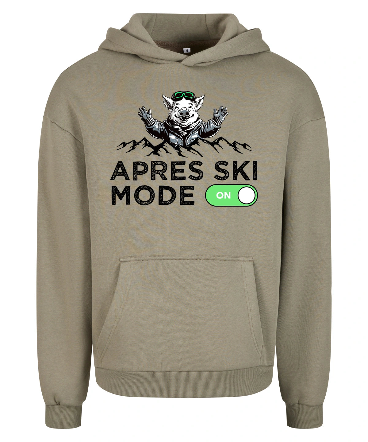 Après Ski Mode Hoodie in Pale Olive – Vorderansicht mit dem Motiv Après Ski Mode.