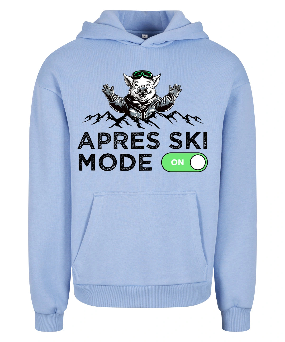 Après Ski Mode Hoodie in Powder Blue – Vorderansicht mit dem Motiv Après Ski Mode.