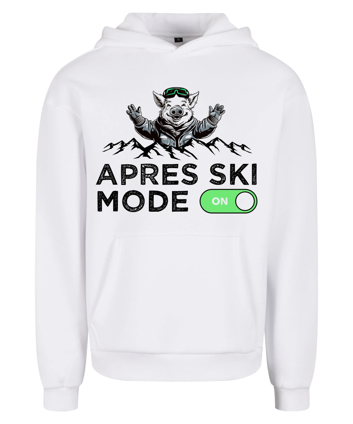 Après Ski Mode Hoodie in White – Vorderansicht mit dem Motiv Après Ski Mode.
