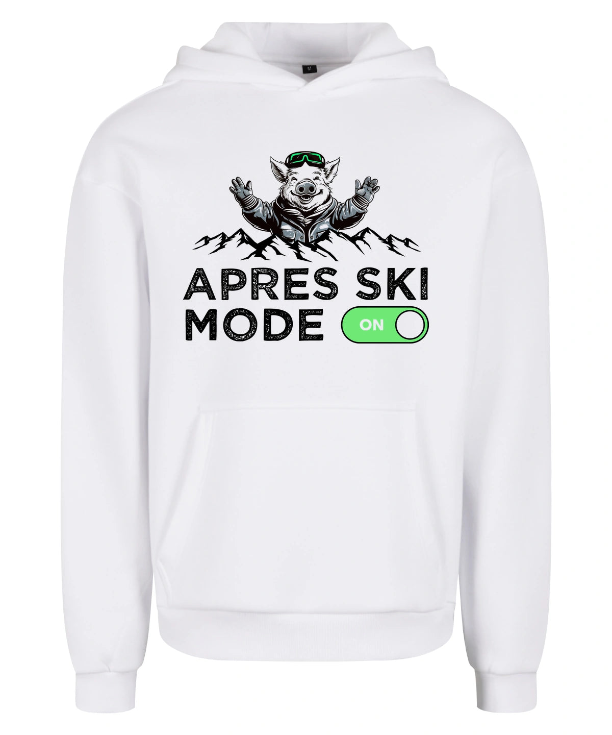 Après Ski Mode Hoodie in White – Vorderansicht mit dem Motiv Après Ski Mode.