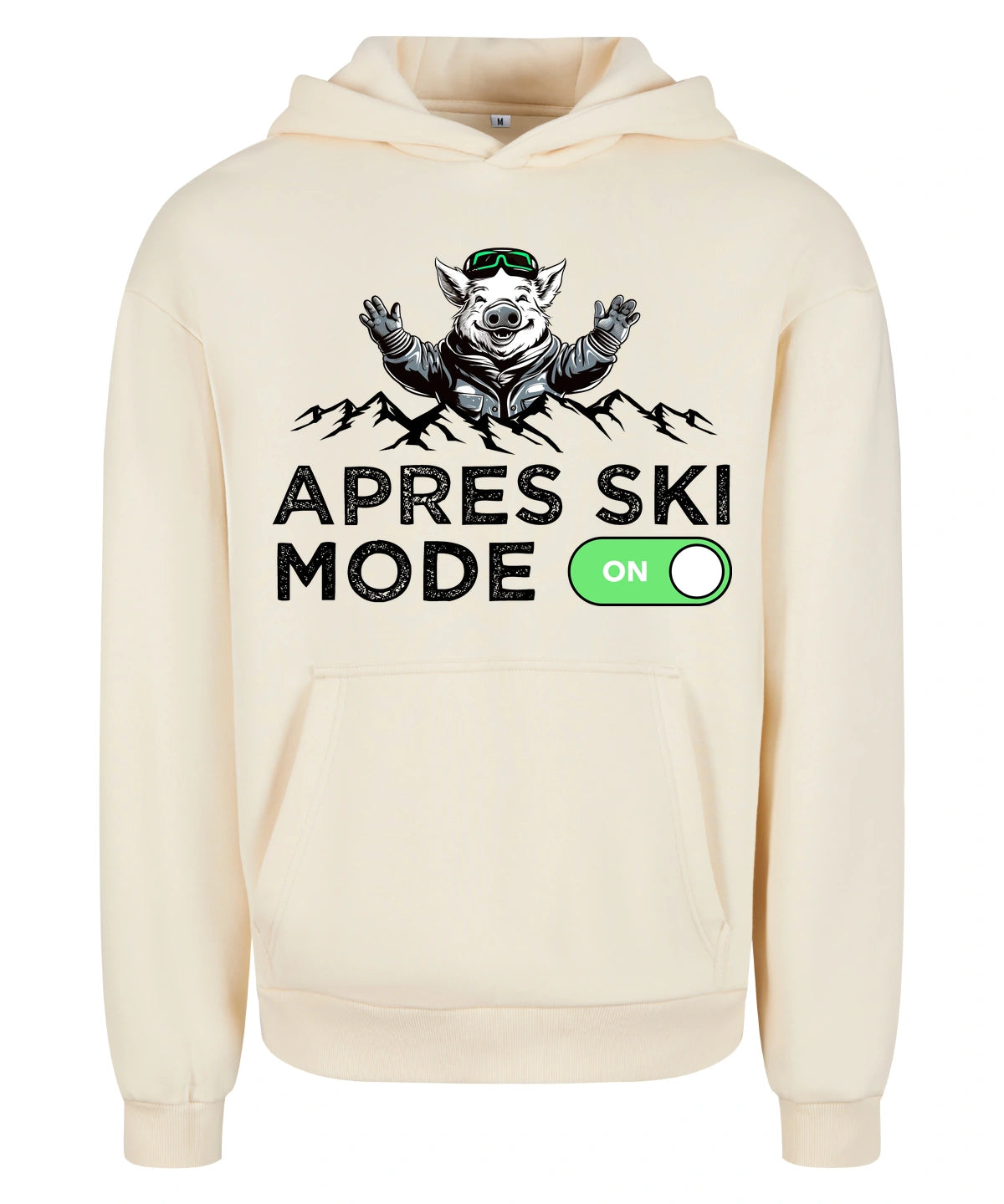 Après Ski Mode Hoodie in White Sand – Vorderansicht mit dem Motiv Après Ski Mode.