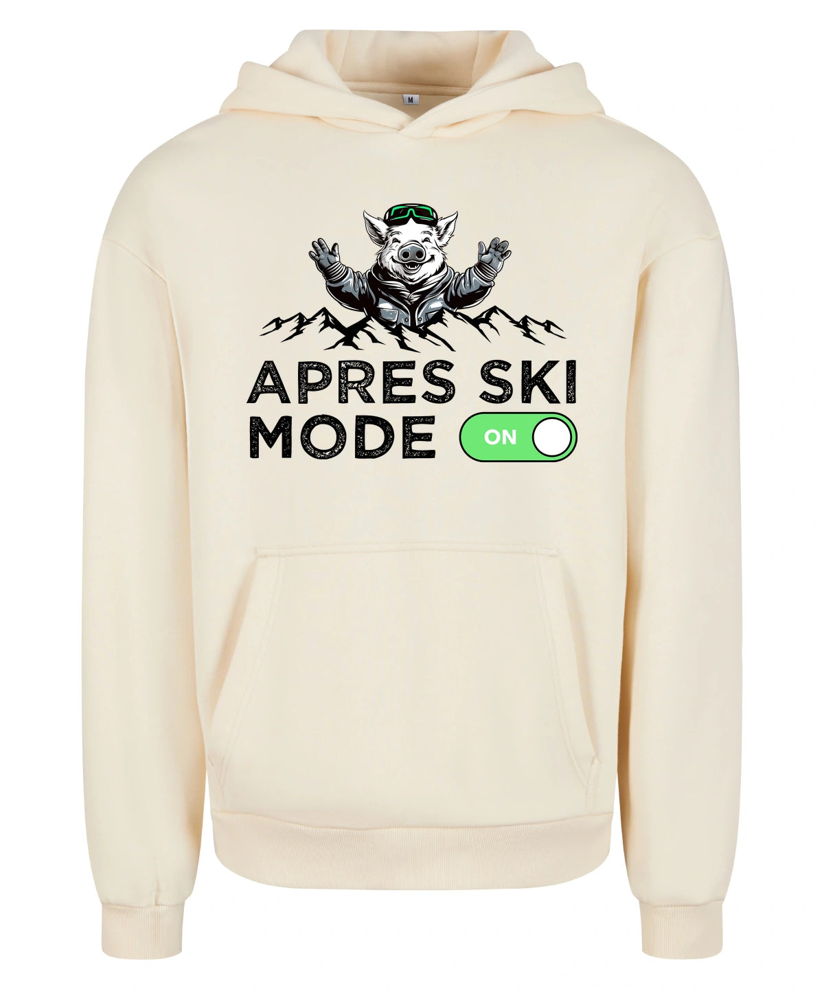 Après Ski Mode Hoodie in White Sand – Vorderansicht mit dem Motiv Après Ski Mode.