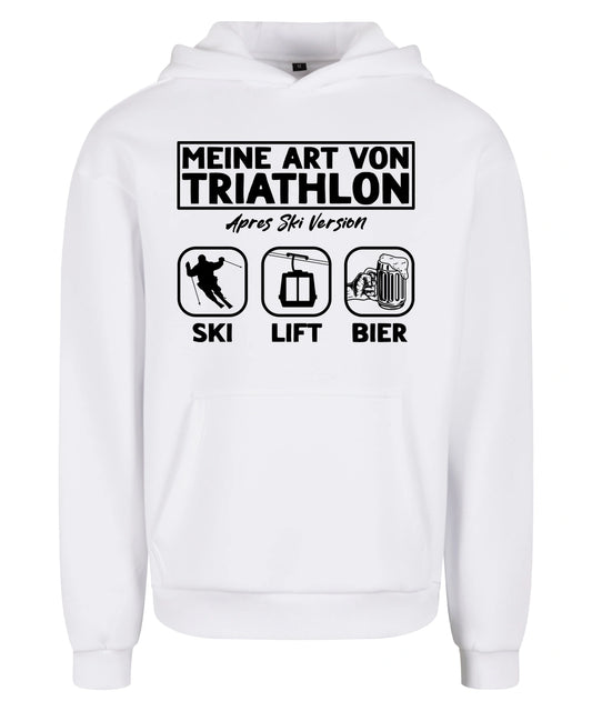 Apres Ski Triathlon Hoodie in White – Vorderansicht mit dem Motiv Apres Ski Triathlon.