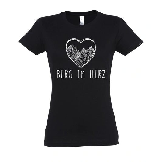 Berg im Herz Frauen Shirt in Deep Black – Vorderansicht mit dem Originalmotiv Berg im Herz auf SOL’S L191.