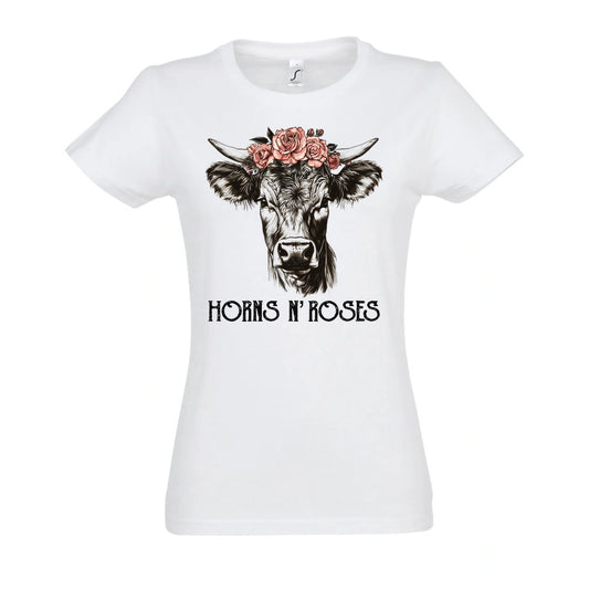 Horns N´Roses Frauen Shirt in White – Vorderansicht mit dem Originalmotiv Horns N’Roses auf SOL’S L191.