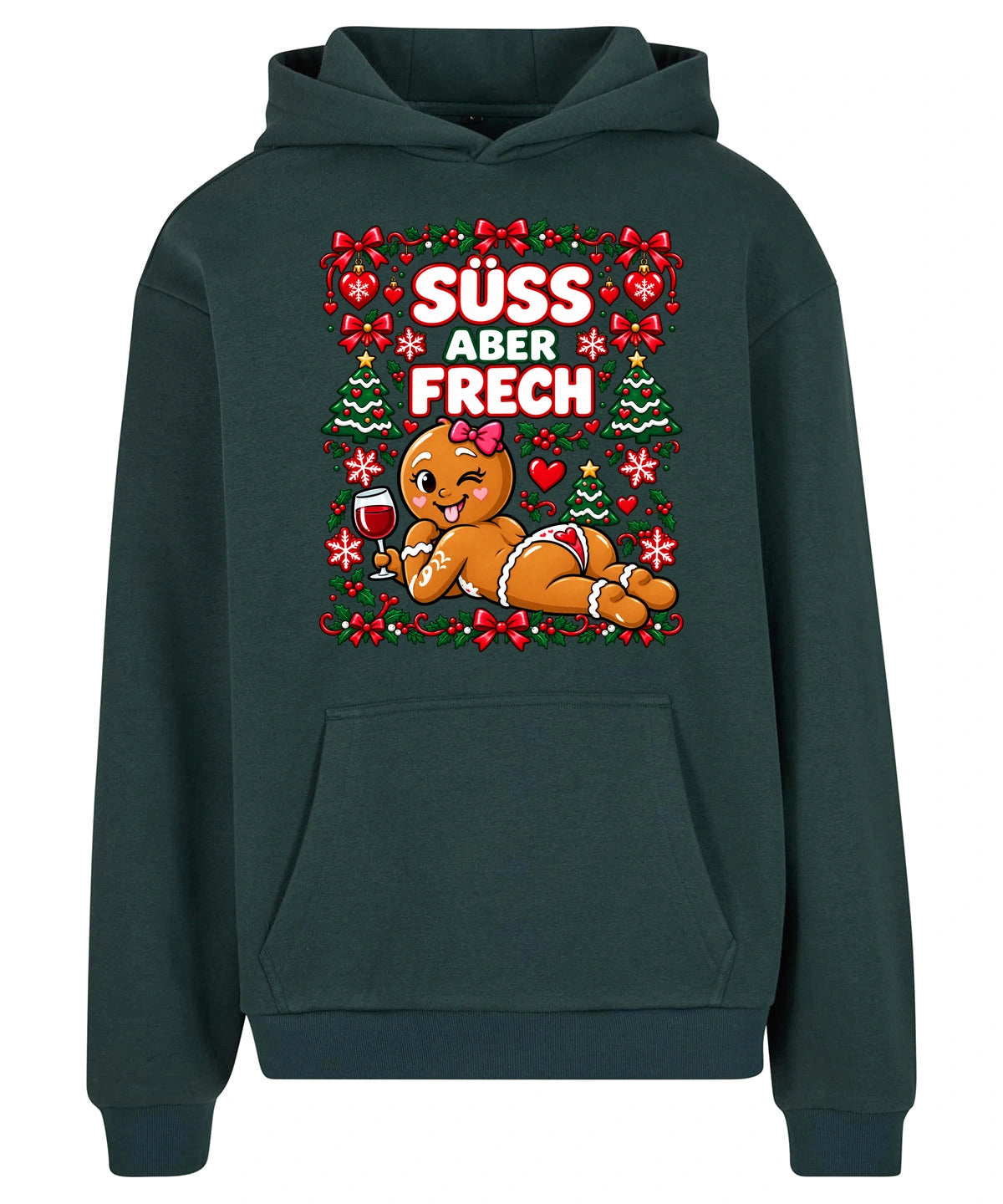 Süß aber frech Hoodie in Bottle Green – Vorderansicht mit großem Weihnachtsmotiv