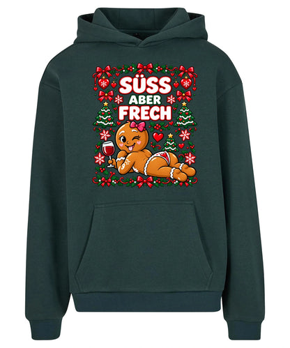 Süß aber frech Hoodie in Bottle Green – Vorderansicht mit großem Weihnachtsmotiv