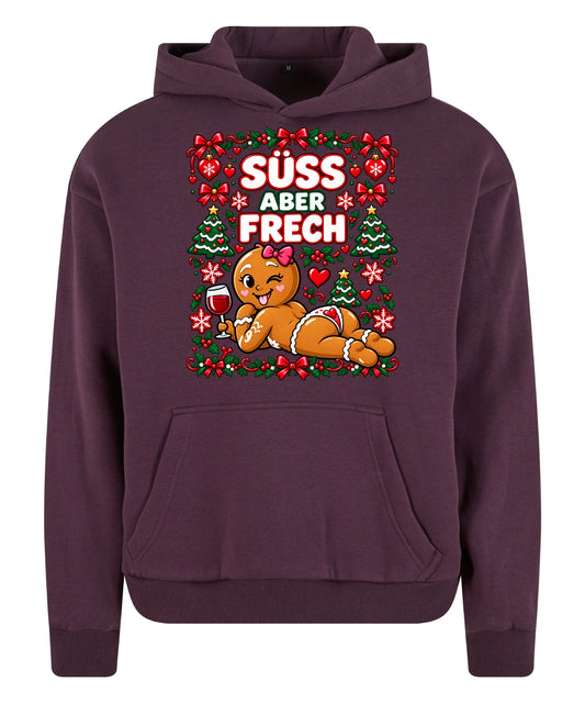 Süß aber frech Hoodie in Plum Purple – Vorderansicht mit großem Weihnachtsmotiv