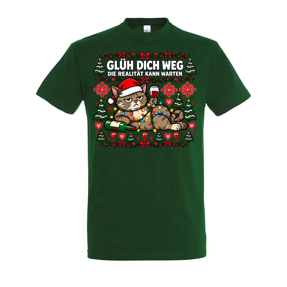 Glüh dich weg T-Shirt Unisex in Bottle Green – Vorderansicht mit großem Weihnachtsmotiv
