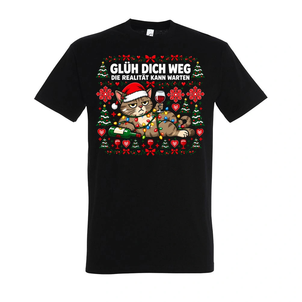 Glüh dich weg T-Shirt Unisex in Deep Black – Vorderansicht mit großem Weihnachtsmotiv