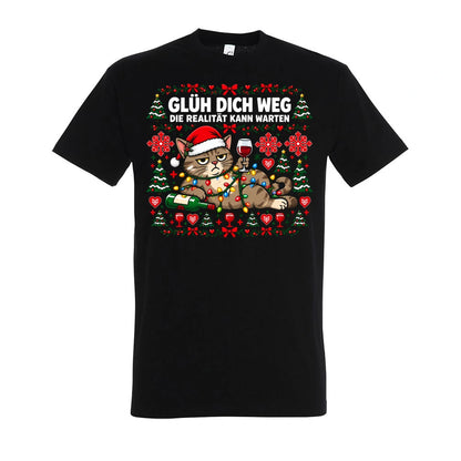 Glüh dich weg T-Shirt Unisex in Deep Black – Vorderansicht mit großem Weihnachtsmotiv