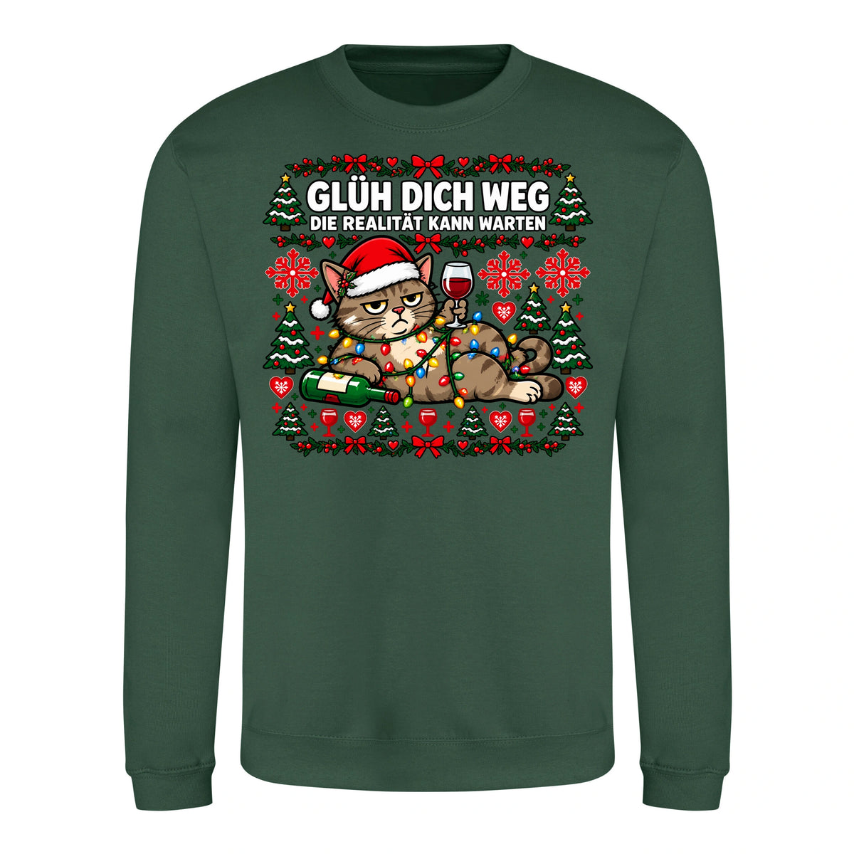 Glüh dich weg Sweater in Bottle Green – Vorderansicht mit großem Weihnachtsmotiv