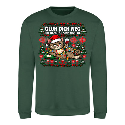 Glüh dich weg Sweater in Bottle Green – Vorderansicht mit großem Weihnachtsmotiv