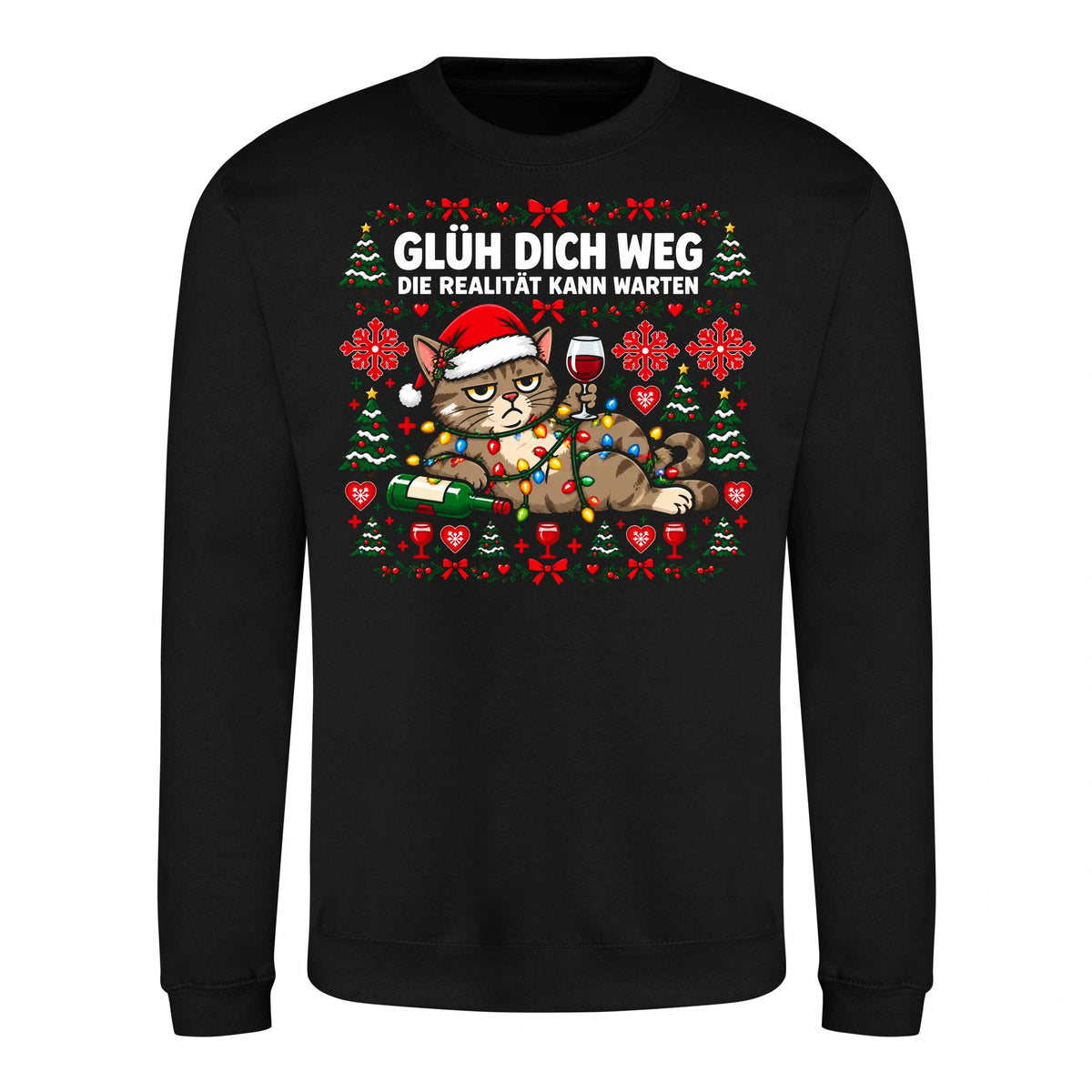 Glüh dich weg Sweater in Deep Black – Vorderansicht mit großem Weihnachtsmotiv