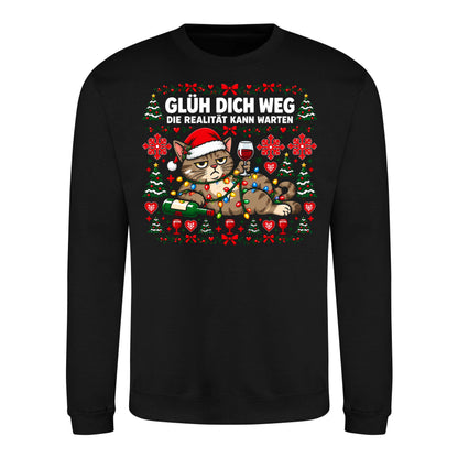 Glüh dich weg Sweater in Deep Black – Vorderansicht mit großem Weihnachtsmotiv