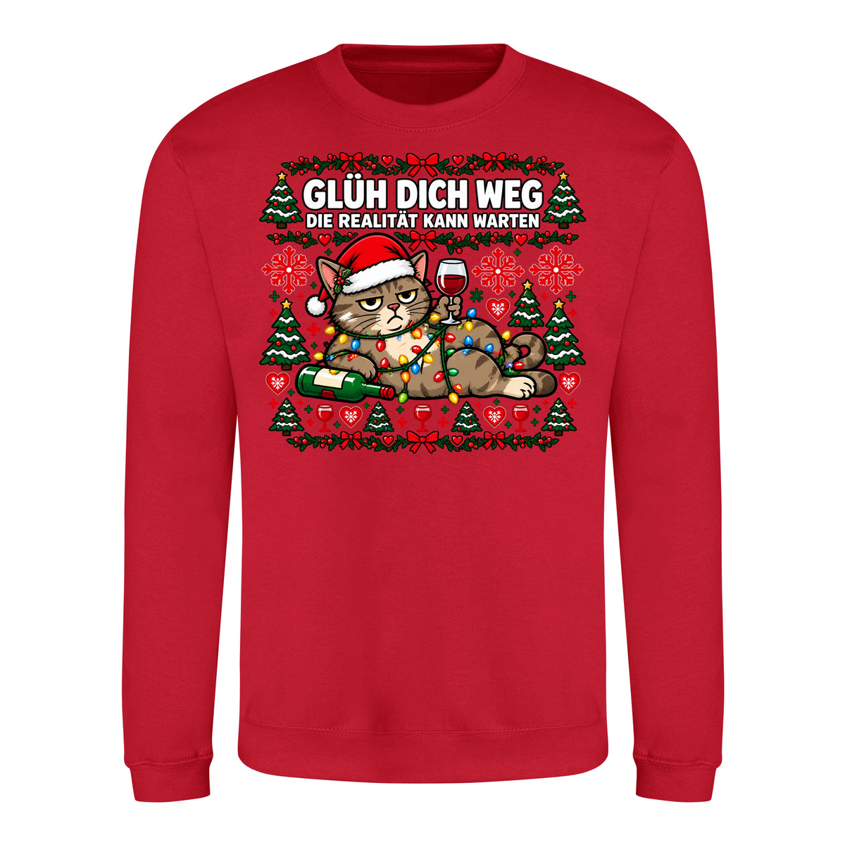 Glüh dich weg Sweater in Fire Red – Vorderansicht mit großem Weihnachtsmotiv