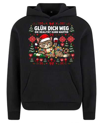 Glüh dich weg Hoodie in Black – Vorderansicht mit großem Weihnachtsmotiv