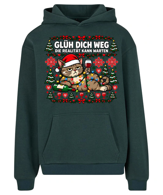 Glüh dich weg Hoodie in Bottle Green – Vorderansicht mit großem Weihnachtsmotiv