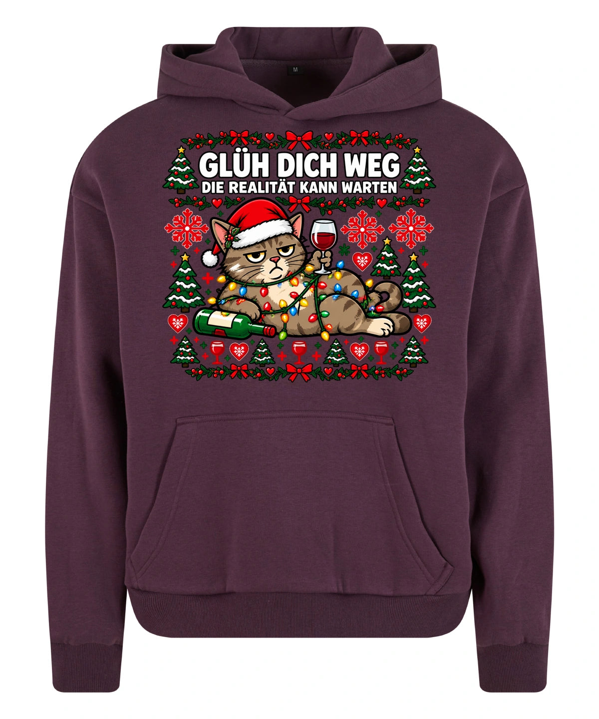 Glüh dich weg Hoodie in Plum Purple – Vorderansicht mit großem Weihnachtsmotiv