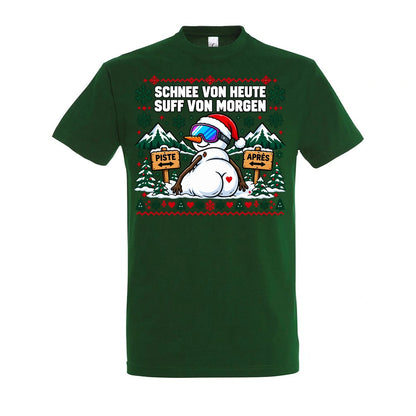 Schnee von heute T-Shirt Unisex in Bottle Green – Vorderansicht mit großem Weihnachtsmotiv