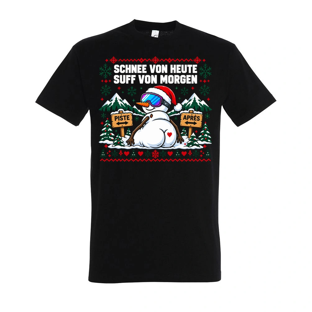 Schnee von heute T-Shirt Unisex in Deep Black – Vorderansicht mit großem Weihnachtsmotiv