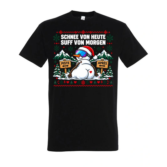 Schnee von heute T-Shirt Unisex in Deep Black – Vorderansicht mit großem Weihnachtsmotiv