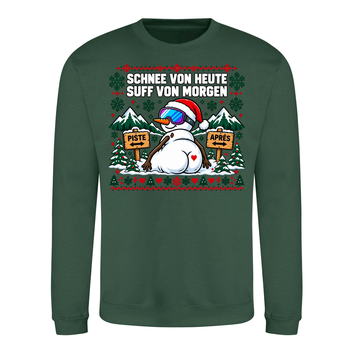Schnee von heute Sweater in Bottle Green – Vorderansicht mit großem Weihnachtsmotiv