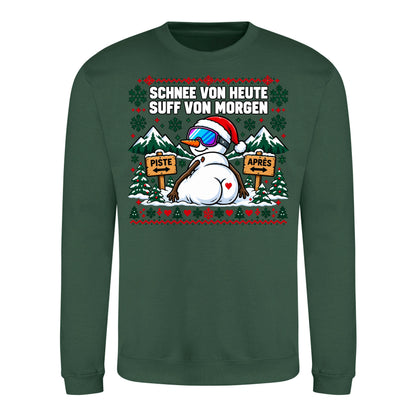 Schnee von heute Sweater in Bottle Green – Vorderansicht mit großem Weihnachtsmotiv