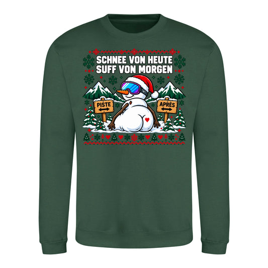 Schnee von heute Sweater in Bottle Green – Vorderansicht mit großem Weihnachtsmotiv