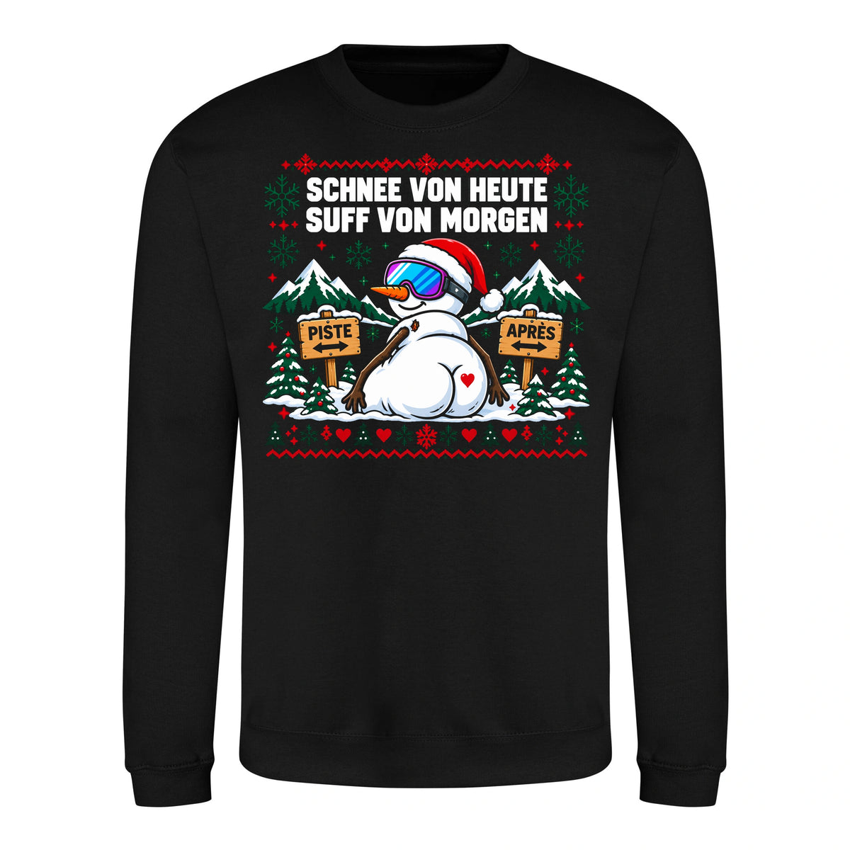 Schnee von heute Sweater in Deep Black – Vorderansicht mit großem Weihnachtsmotiv
