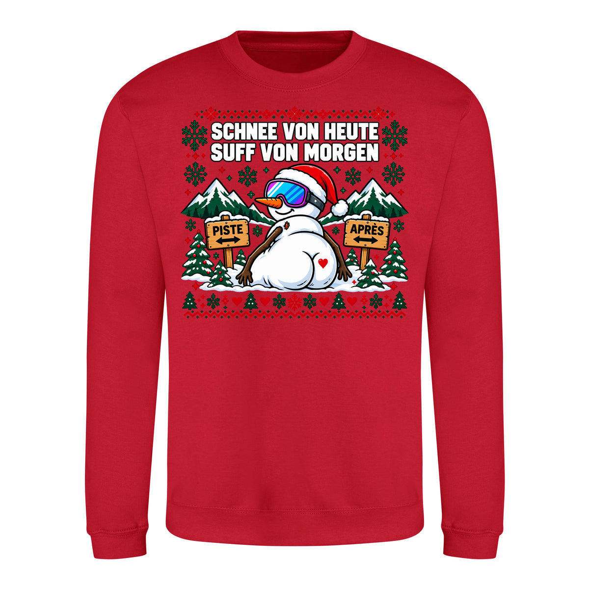 Schnee von heute Sweater in Fire Red – Vorderansicht mit großem Weihnachtsmotiv