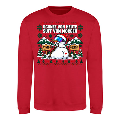 Schnee von heute Sweater in Fire Red – Vorderansicht mit großem Weihnachtsmotiv