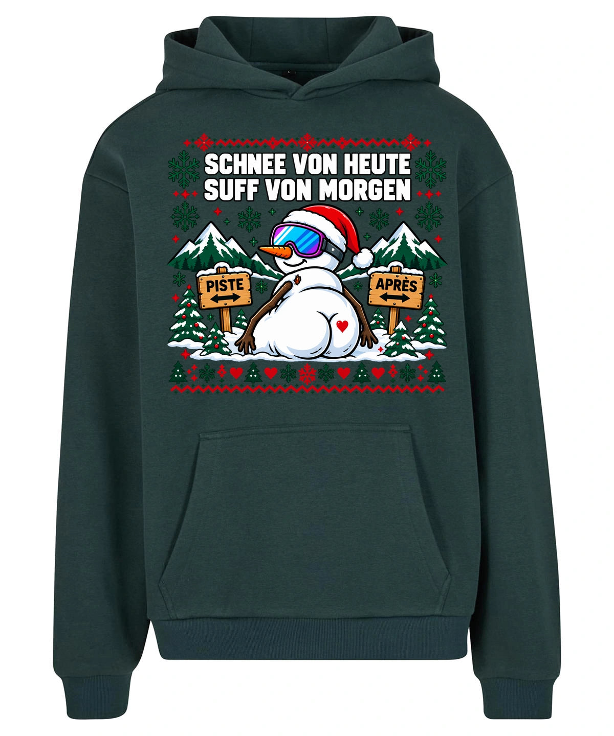 Schnee von heute Hoodie in Bottle Green – Vorderansicht mit großem Weihnachtsmotiv