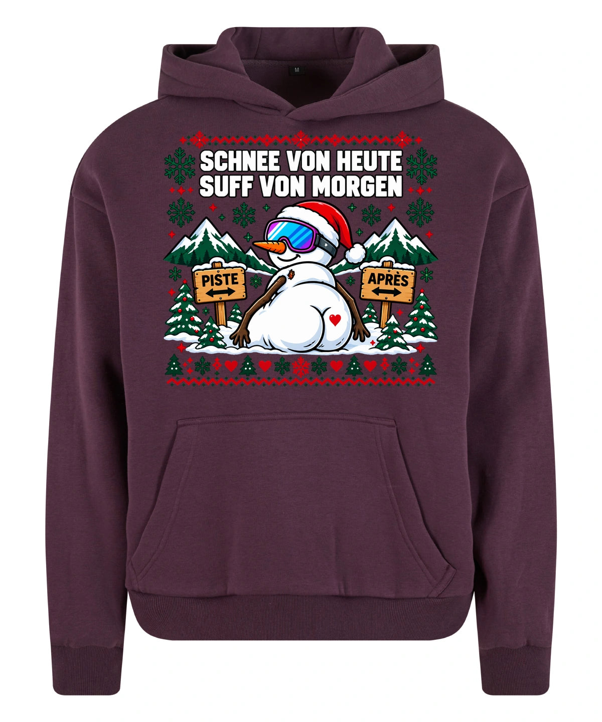 Schnee von heute Hoodie in Plum Purple – Vorderansicht mit großem Weihnachtsmotiv