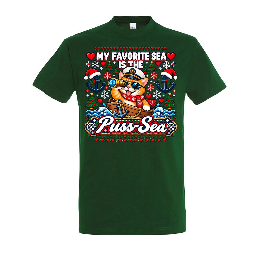 Pussy-Sea T-Shirt Unisex in Bottle Green – Vorderansicht mit großem Weihnachtsmotiv