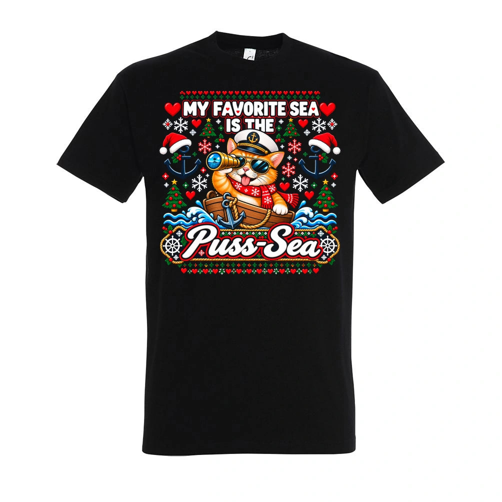 Pussy-Sea T-Shirt Unisex in Deep Black – Vorderansicht mit großem Weihnachtsmotiv
