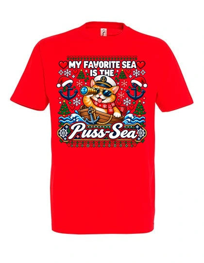 Pussy-Sea T-Shirt Unisex in Red – Vorderansicht mit großem Weihnachtsmotiv