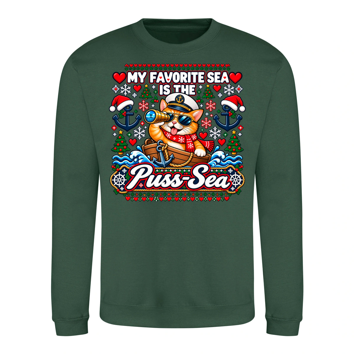 Pussy-Sea Sweater in Bottle Green – Vorderansicht mit großem Weihnachtsmotiv